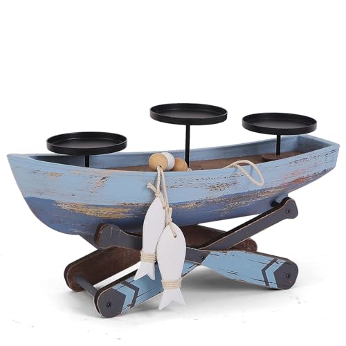 Nautical Candle Holder for Beach House Table & Lake House - Ocean Themed Farmhouse Boat Candlestick Holders, Marine Beach Style Handmade Coastal Accent, Housewarming Gifts