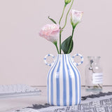 Ceramic Blue and White Striped Vase with Handle, Modern Minimalist Coastal Decor Home for Centerpieces for Tables, Kitchen Office, Bookshelf, Bedroom Aesthetic Decor (A)