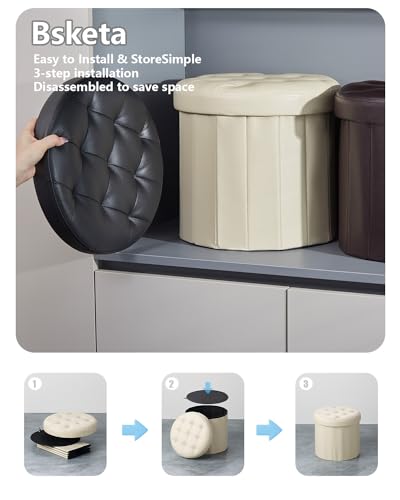 Bsketa Round Storage Ottoman, 14" Folding Leather Foot Rest Stool, Beige
