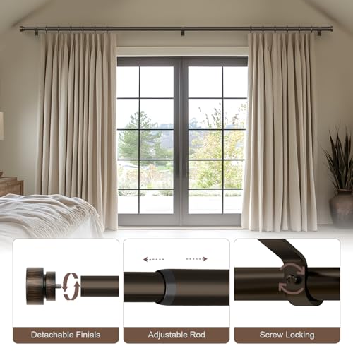 Lootkell Modern Antique Brown Bronze Curtain Rods for Windows 66 to 120 Inches Adjustable Heavy Duty 1" Diameter Window Rod with Decorative Finials for Outdoor Farmhouse Bedroom Kitchen Living Room