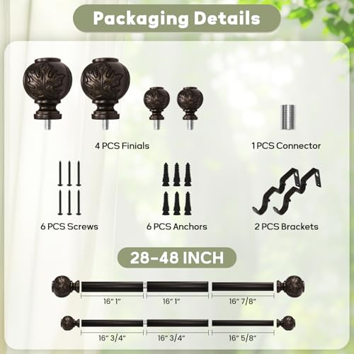 Heavy Duty Adjustable Double Curtain Rod for Windows 28 to 48 Inches – 1 Inch Diameter Decorative Rods with Maple leaf Finials & Sturdy Brackets for Living Room, Bedroom – Easy to Install, Bronze