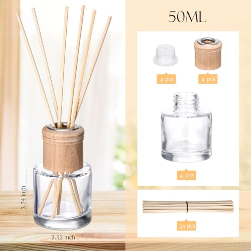 Roshtia 4 Set Reed Diffuser Bottle Empty Refillable Fragrance Glass Diffuser Bottles Set with Wooden Caps Sticks 50ml 1.7 oz Round Glass Jars for DIY Fragrance