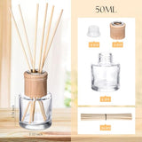 Roshtia 4 Set Reed Diffuser Bottle Empty Refillable Fragrance Glass Diffuser Bottles Set with Wooden Caps Sticks 50ml 1.7 oz Round Glass Jars for DIY Fragrance