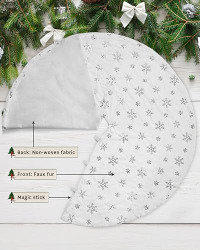 COOLWUFAN 48 Inches Faux Fur Christmas Tree Skirt for Xmas Tree Holiday Party Decorations White Plush Silver Sequin Snowflake (Silver)