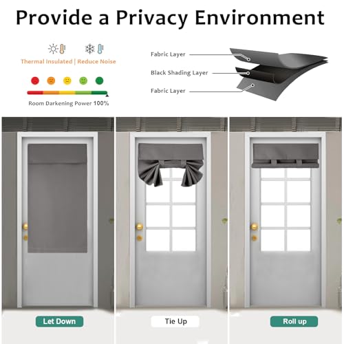 WdFour Privacy Blackout Tie Up French Door Curtain. | 25×40 Inch dark gray single panel curtain, easy install washable fabric for front door, sidelights, entryway and living room.