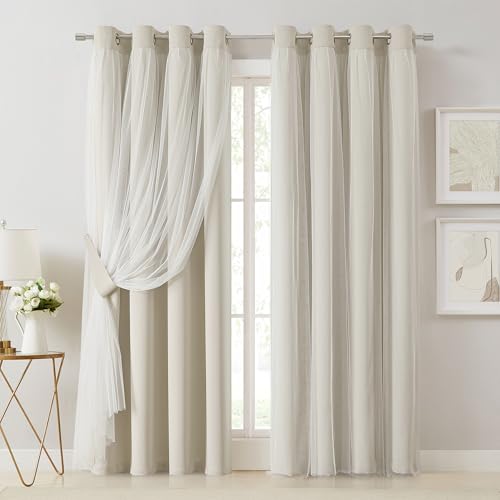 Bujasso Beige 80% Blackout Curtains with Sheer Overlay Mix and Match Double Layer Thermal Insulated Window Panels 84 inch for Living Room Bedroom Beige Drapes with Tiebacks Grommet Top 54" Wx84 Lx2