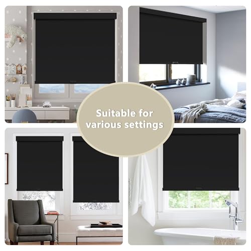 SUNOFF Cordless Blackout Roller Shades Blinds for Windows Free-Stop,Pull Down Room Darkening with Valance,Thermal Insulated Woven Fabric Window Door Blinds for Home,Office,Black 20" W x 72" H