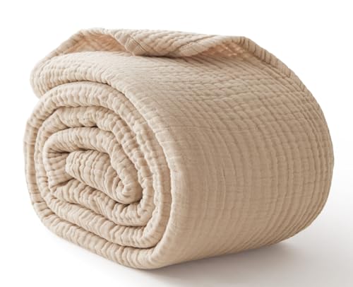 6 Layers Cotton Muslin Blankets Large, Lightweight Cotton Throw, Cooling Soft Throw Blanket for Year-Round Comfort, Breathable Quilt Bedspread, Gauze Weave Bedding for Adults, Oatmeal, Beige Linen