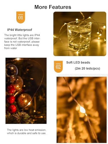 Sokelinn-six 2m 20 LEDs Fairy String Lights, USB Powered String Light for Desk Office Christmas Tree Party Decoration (Warm, 2)