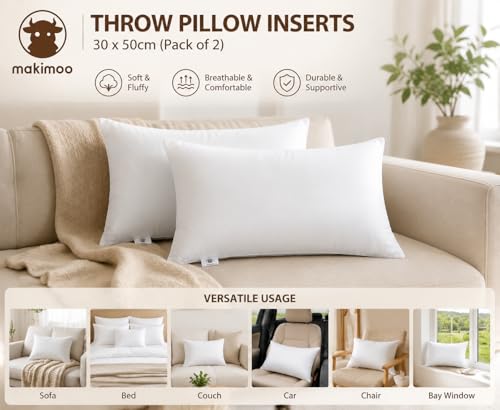 Throw Pillow Inserts 30 x 50cm (12" x 20"), Cushion Inserts, Hollowfibre Filling for Sofa, Bedding Cushion Pads (Pack of 2)