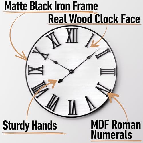 Large Wall Clock 24" Round - Silent Metal & Wood Large Farmhouse Wall Clock For Living Room Decor with 3D Roman Numerals - No Ticking - Noiseless Big Wood Decorative Clocks for Living Room Decor