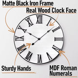 Large Wall Clock 24" Round - Silent Metal & Wood Large Farmhouse Wall Clock For Living Room Decor with 3D Roman Numerals - No Ticking - Noiseless Big Wood Decorative Clocks for Living Room Decor