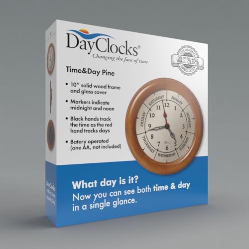 Time & Day of The Week Wall Clock with 10" Solid Pine Wood Frame – – Ideal Retirement Gift for Men and Women, Day Clock for Seniors and Retirees