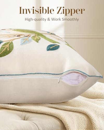 Embroidered Throw Pillow Cover 18x18 Inch - Summer Farmhouse Decorative Pillow Covers with Zipper for Couch Sofa Bedroom Living Room Spring Boho Cushion Pillowcase, Birds Leaves