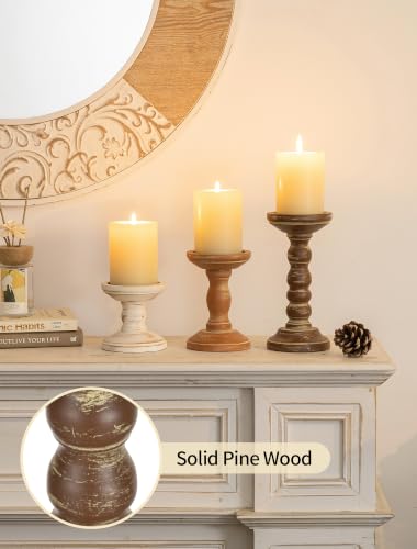 Romadedi Solid Wood Pillar Candle Holder, Set of 3, Mixed Earth Tones