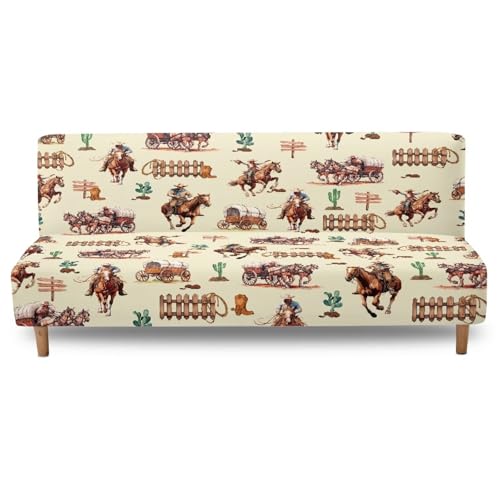 Suobstales Horse Cactus Cowboy Pattern Futon Slipcover Armless Sofa Cover Stretch Furniture Protector for Foldable Couch Bed with Elastic Bottom for Living Dining Room