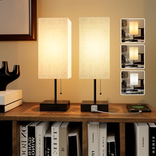 Table Lamp for Bedroom,Nightstand Lamp for Bedside with AC Outlets,Adjustable 3color LED Light Desk Lamp for Home Decor,Included Bulb and Lamp Shade (Linen White-onlyAC, 2PCS)