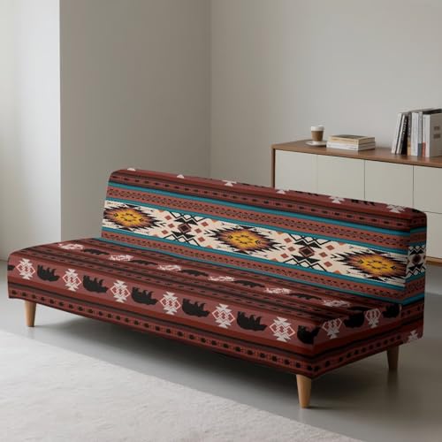 Aztec Bear Futon Cover Sofa Covers Armless Couch Cover Western Navajo Southwestern Ethnic Stretch Futon Slipcover Protector for Living Room Decor