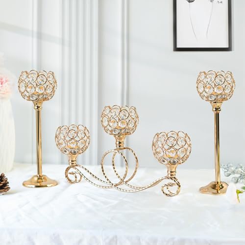 Gold 5 Arm Metal Crystal Tea Light Candle Holder, Elegant Wedding Table Centerpiece, Christmas Wishing Bowl Candle Holder