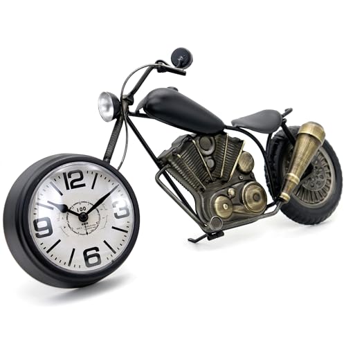 Motorcycle Gifts for Men Vintage Desk Clock Tabletop Clock 17.3 Inch Rustic Decor Gifts Dad Him Boyfriend Battery Operated No Ticking Antique For Mantle Shelf Decorations Living Room Office Black