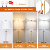 2 Pack 22"-30" Adjustable Height Table Lamps Set, Modern Gold Table Lamps with White Shade 3 Colour Temperature Pull Chain Tall Lamps for Living Room Bedroom Bedside End Table Nightstand