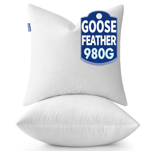 MIULEE 20 x 20 Goose Feather Down Pillows with 100% Cotton Cover, Set of 2 Soft Fluffy Decorative Pillow Inserts for Sofa Bed Couch Living Room White