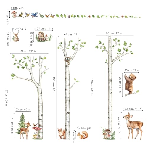 decalmile Large White Birch Tree Wall Decals Woodland Animals Bear Deer Rabbit Wall Stickers Living Room Baby Nursery Kids Room Wall Decor