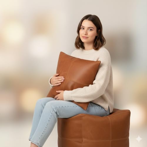 RAJERIYA Experience The Perfect Blend of Rustic Charm and Modern Luxury with Our Handcrafted Genuine Leather Pouf and Matching Pillow Set.