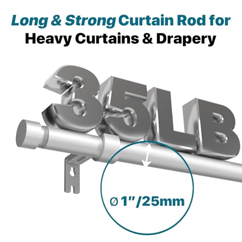 Silver Extra Long Curtain Rod 30 to 240 inch, Heavy Duty Window Treatment Single Rods with Modern End Caps, 1 inch Metal Rods Set for Outdoor Patio, Adjustable Wall Mounted Curtain Rod