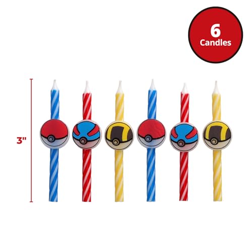 Pokémon Birthday Cake Candles | 6 Birthday Candles for Cake Decorations, Red, Blue, Yellow Striped Candles, Poké Ball Cake Toppers for Pokémon Party
