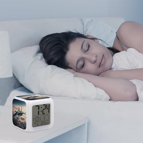 Aircraft Fighter Jets Alarm Clock LED Digital Desk Clock with 7 Color Changing Night Light, Date Day of Week Calendar,Sleep Training Clocks Loud Alarm Clocks for Bedroom Heavy Sleep