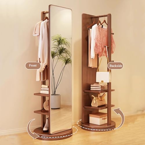 Floor-Standing Solid Wood Rotating Coat Rack，360° Rotating Full Length Mirror with Coat Rack - 2-in-1 Wood Floor Mirrors and Coat Rack for Living Room, Bedroom, Cloakroom Mirror