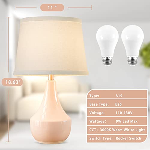 18" Table Lamp Set of 2, Ceramic Lamp Classic Beside Lamps Nightstand Lamp Modern Bedside Lamp for Living Room, Bedroom & Office Rocker Switch Pink-LED Bulbs Included