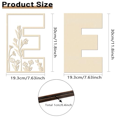 Layered 12 Inch Large Wooden Letters for Wall Decor, Flowered Paintable Wooden Nursery Letters for Crafts Wood Alphabet Letter E for Birthday Boho Nursery Name Sign Wedding Home Decoration