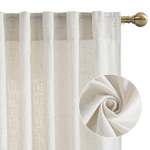 NICETOWN Natural Linen Curtains 96 inch Long 2 Panels Set, Thick Organic Flax Linen Blend Privacy Window Drapes Rod Pocket & Back Tab with Light Filtering for Bedroom/Living Room, W55 x L96