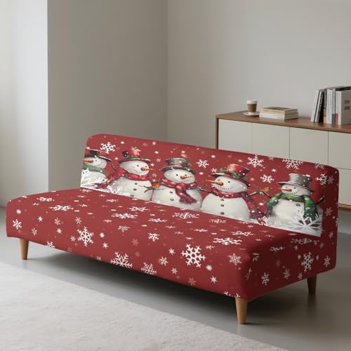 Christmas Futon Cover Armless Snowman Stretch Sofa Slipcover Washable Elastic Armless Couch Furniture Protector for Bedroom Living Room Home Decor