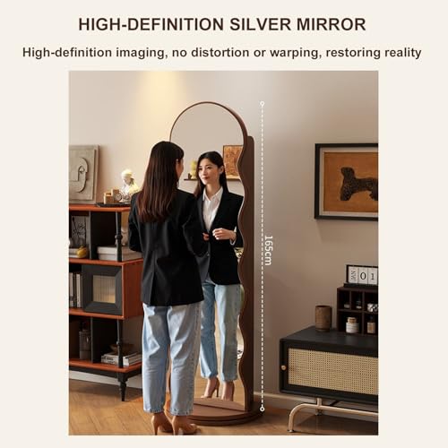 360° Rotating Full Length Mirror with Bookshelf & Magazine Rack, Floor-Standing Body Mirror for Bedroom, Living Room & Study Room, 66.9" Tall Dressing Mirror