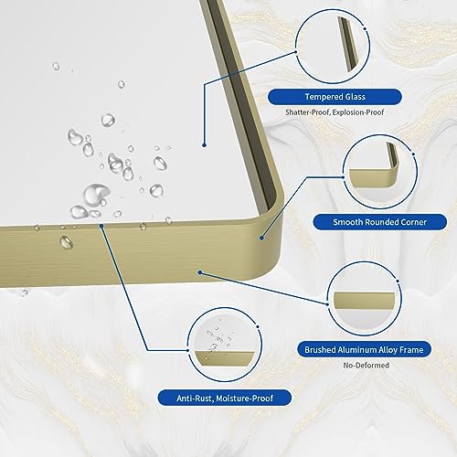 WEER Gold Bathroom Mirror, 22X30 Inch Brushed Gold Metal Frame Mirror, Rounded Rectangle Gold Bathroom Vanity Mirror for Wall, Tempered Glass, Anti-Rust, Hangs Horizontally or Vertically