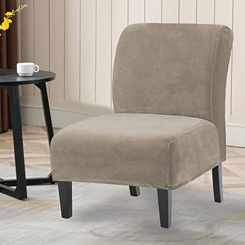 Armless Accent Chair Slipcovers, Thick Velvet Slipper Accent Chair Covers for Living Room/Hotel Oversized Big Chairs, Removable Furniture Protector with Elastic Bottom, Machine Washable (Taupe)