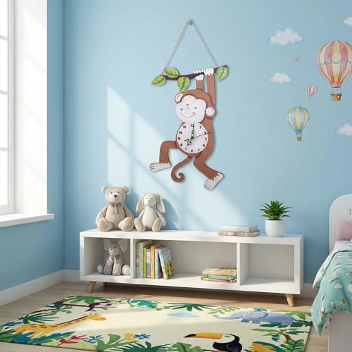 Kenning Monkey Wall Clock Safari Nursery Decorative Silent Non-Ticking Clock Wooden 16 x 11.5 Inch for Living Room Bedroom Kitchen Home Wall Decor, Battery Not Included