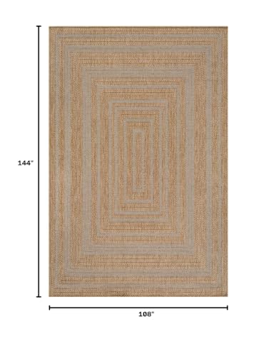 Beverly Rug Easy Jute Framed Border Rug 9x12 Washable Large Indoor Outdoor Area Rugs for Living Dining Room Patio Office Stain Resistant Non Shedding Casual Indoor Outside Carpet 9 x 12 Natural