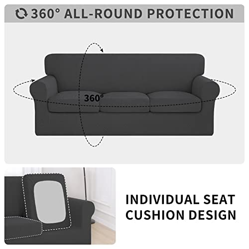 ISSUNTEX 4 Pieces High Stretch Thicken Couch Covers, Soft Sofa Slipcover for 3 Separate Cushion , Jacquard Fabric Elastic Furniture Protector for Dogs (Sofa, Dark Gray)