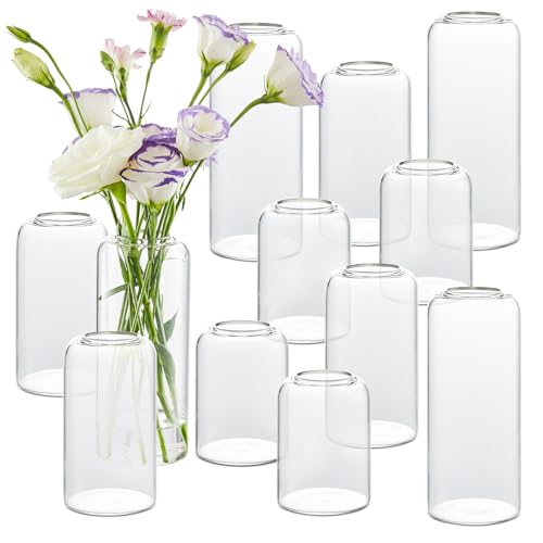 Bud Vases in Bulk Set of 12, Glass Small Vases for Flowers, Modern Cylinder Flower Vases for Wedding Centerpiece, Living Room Decorative, Home Decor