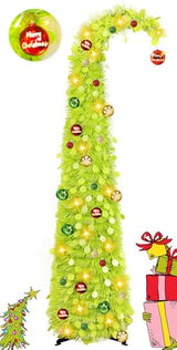 MACTING Whimsical Christmas Tree with Ball String Lights 5FT Green Pop Up Curved Tree with 15 Ball Lights & Hanging Ornaments Collapsible Tinsel Tree for Apartment Porch Indoor Xmas Halloween Decor