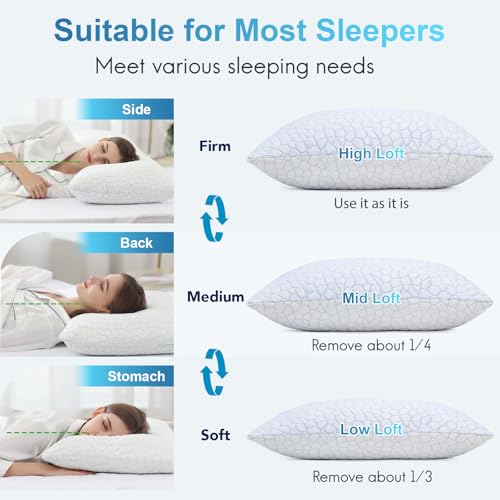 QUTOOL Cooling Pillow for Sleeping, CertiPUR-US Shredded Memory Foam Standard Pillow Set of 1, Cool Pillow for Hot Sleepers Adjustable Firm Pillow for Side,Back,Stomach Sleepers Soft Yet Support,White