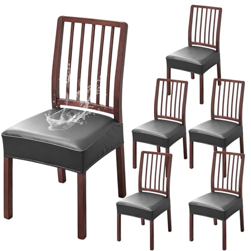 6 Pack Leather Chair Cover, Black PU Dining Chair Seat Covers, Stretch Fit Seat Covers for Dining Chairs, 15-19 Inch Chair Seat Slipcovers for Kitchen, Dining Room, Pets, Everyday Use