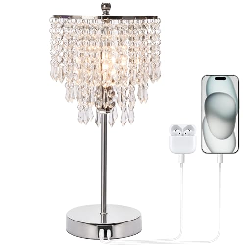 Touch Control Crystal Table Lamp with USB C+A Charging Ports, 3-Way Dimmable Bedside Touch Lamp Decorative Nightstand Lamp with Elegant Lampshade for Living Room Bedroom, B11 LED Bulb Included