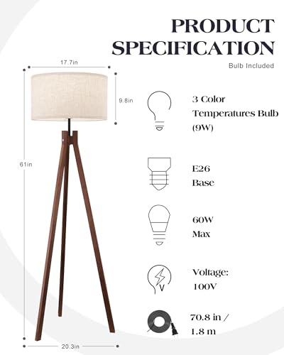 Wood Tripod Floor Lamp, Mid Century Reading Standing Lamp with 3 Color Temperatures & Linen Shade, Modern Night Light for Bedroom, Farmhouse, Living Room, Office, 9W LED Bulb Included, Brown