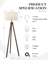 Wood Tripod Floor Lamp, Mid Century Reading Standing Lamp with 3 Color Temperatures & Linen Shade, Modern Night Light for Bedroom, Farmhouse, Living Room, Office, 9W LED Bulb Included, Brown