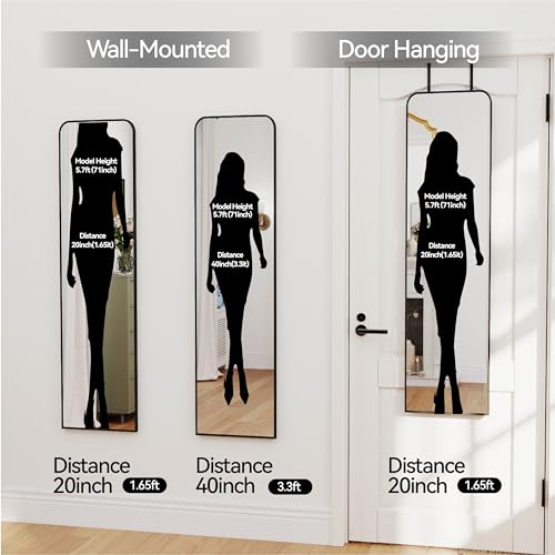 47x14 inch Full Length Mirror Over the Door Hang or Wall Mounted Black | Aluminum Alloy Frame,HD Glass, Full Body Make-Up Mirrors for Bedroom, Bathroom,Entryway,Dressing Living Room